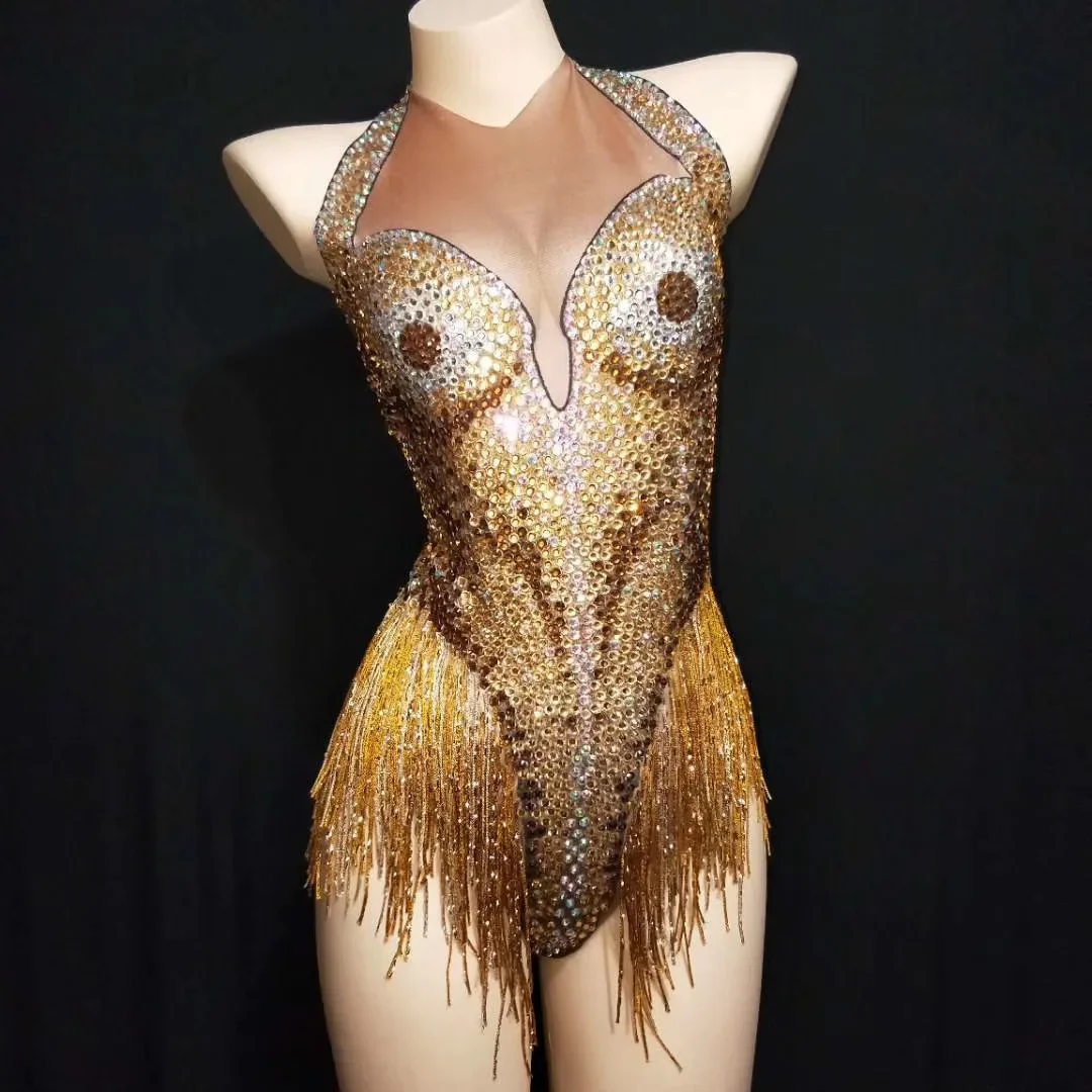 

Shining Gold Diamonds Women Sleeveless Bodysuits Glistening Tassel Tight Stretch Jumpsuits Nightclub Singer Dance Costumes