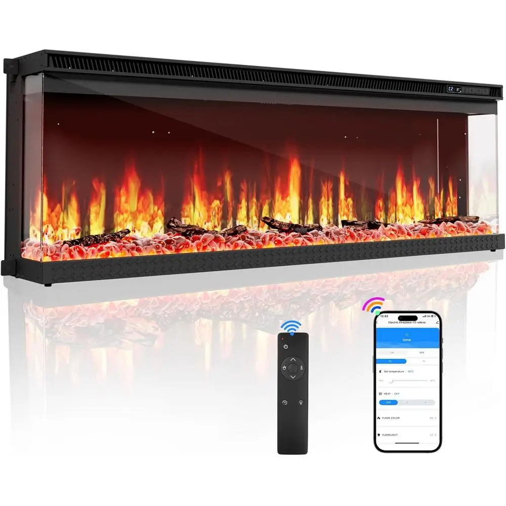 

60 3-сторонний интеллектуальный электрический камин с Wi-Fi, 12 цветов пламени, регулируемая яркость, 1500 Вт, пульт дистанционного управления, бревна и по индивидуальному заказу