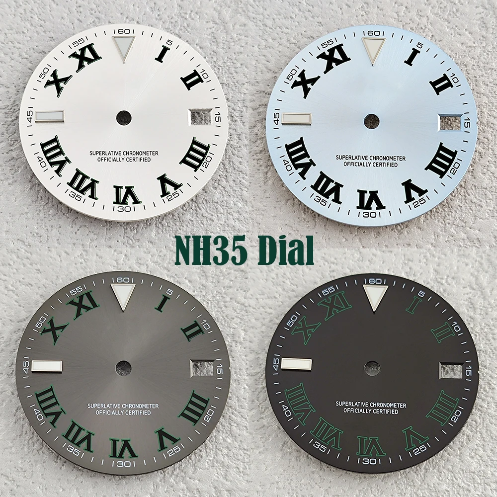 Quadrante NH35 da 28,5 mm Quadrante romano Quadrante luminoso blu ghiaccio Adatto per accessori per orologi con movimento NH35/36 Strumento di riparazione dell'orologio