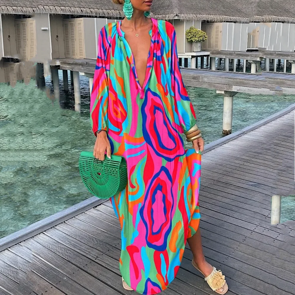 Elegant Women's Maxi Dresses 2024 Summer Casual Fashion Retro Print V Neck Loose Boho Long Vacation Beach Dress Female Robes New