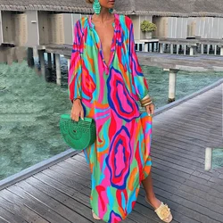 Eleganckie damskie sukienki maxi 2024 Summer Casual Fashion Retro Print V Neck Loose Boho Long Vacation Beach Dress Female Robes New