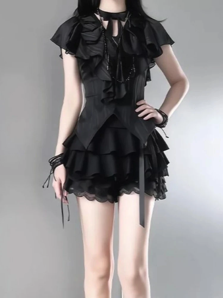 

Y2K Aesthetic Two Pieces Set Women Irregular Split Ruffled Printing Blouse Mini High Waist Lace Patchwork Skirts Grunge Suit