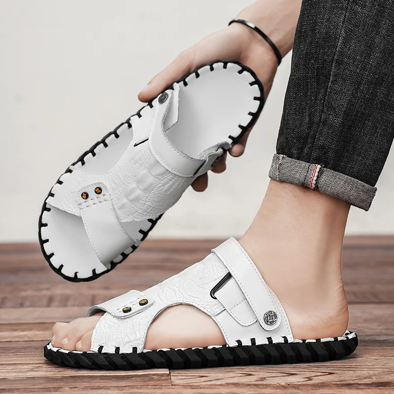 Summer Peep-toe Youth Beach Shoes Outdoor Casual Leather Sandals Dual-use Men Slippers Non-slip Male Half Drag Wading Aqua Shoes