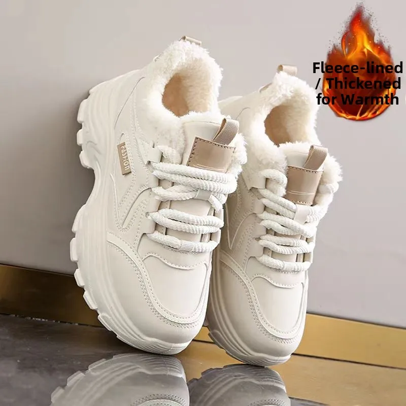 

Fleece Lined Women's Winter Boots Thick Bottom Heightening Casual Dad Shoes Trendy White Sports Leisure Cotton Shoes
