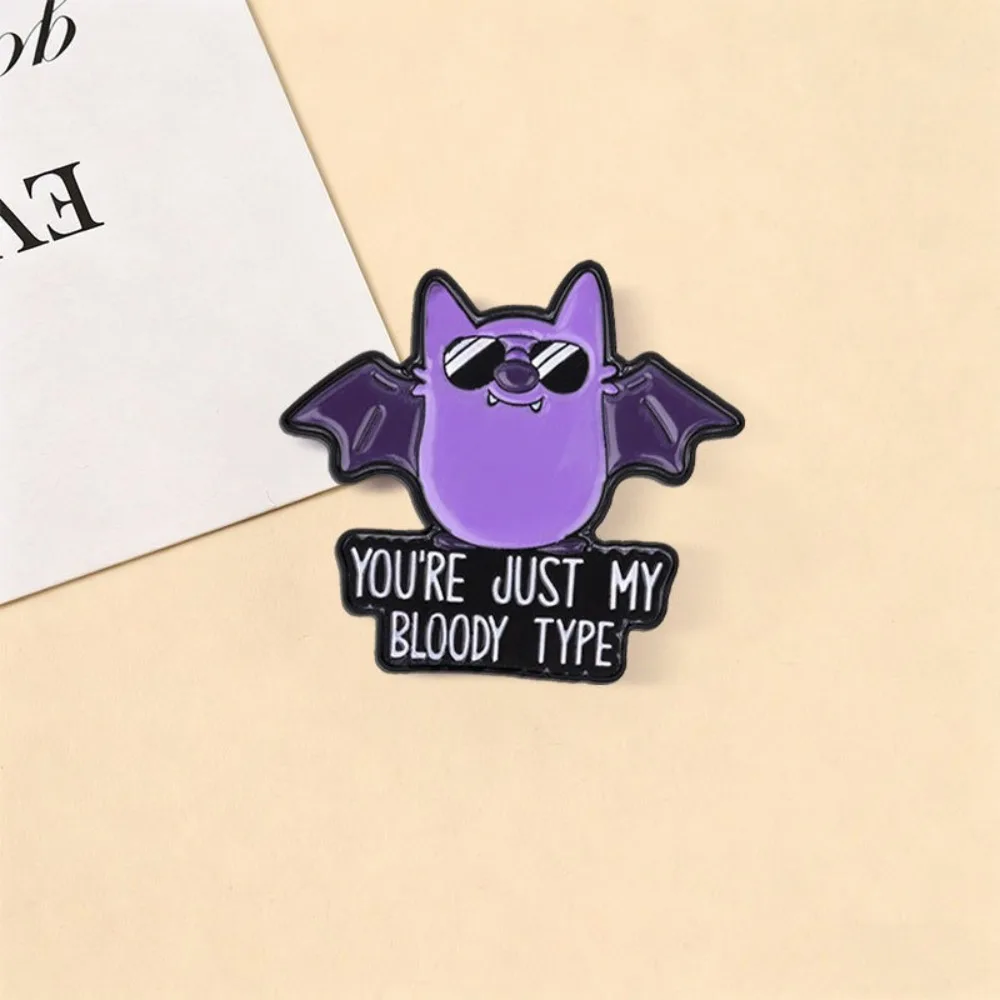 Cartoon Wearing Sunglasses Purple Bat Metal Badge Vampire Fun English You Just My Bloody Type Dark Cute Halloween Decor Brooch