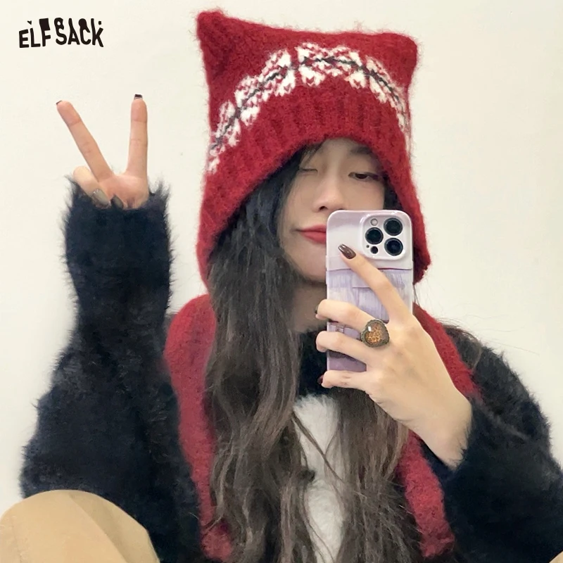 

Elfsack 2025 Summer New Arrivals Red Plush Windproof And Warm Knitted Hat For Women