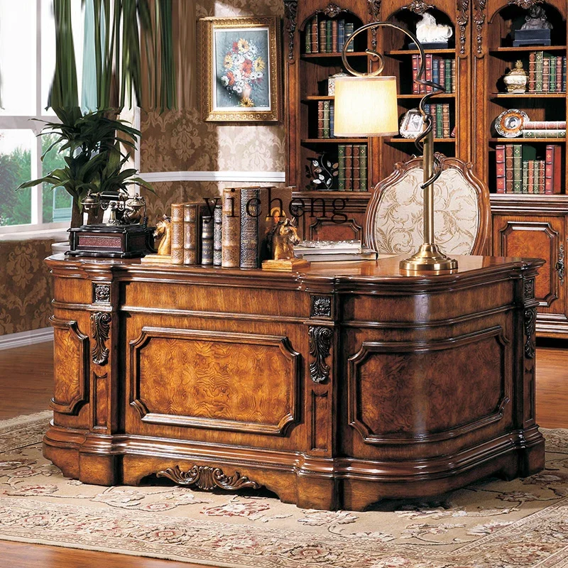 solid wood boss table, large class table, retro American solid wood desk, villa study, computer desk, luxury desk