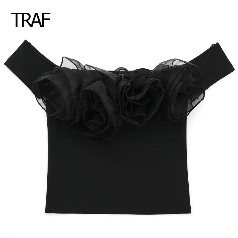 TRAF Organza Floral Top Women Vest Spring Summer 2024 Crop Black Off Shoulder Sleeveless Backless Vest Elegant Chic Female Top