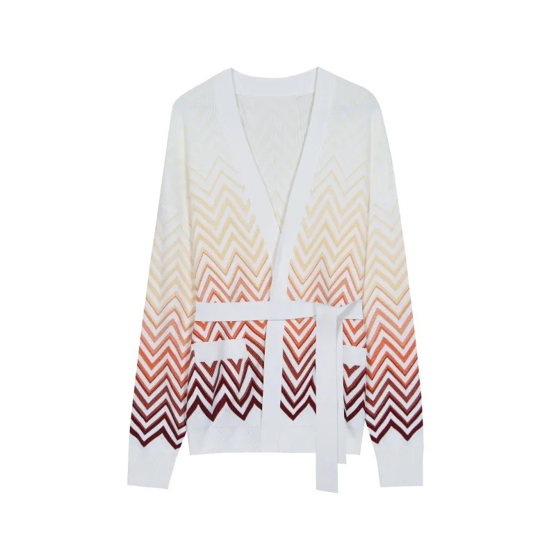 Italian Style High-Quality Elegant Lady V-Neck Long Sleeve Striped Knitted Open Cardigan Spring Autumn 2026 Fashion Outerwear