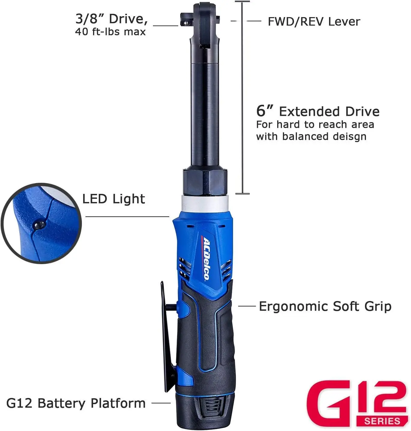 Arw1218-3P G12 Series 12V Li-Ion Cordless 3/8” 40 Ft-Lbs. Extended Ratchet Wrench Tool Kit