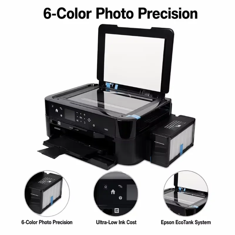 Wireless USB Photo Printer 6-Color EcoTank Fillable Ink A4 Borderless Scanner, Suitable for Professional Photographer Studios