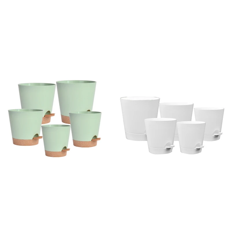 5 Pack 5 Inch Self Watering Pots For Indoor Plants, Flower Pots Planter With Drainage Holes And Wick Rope Green Easy To Use