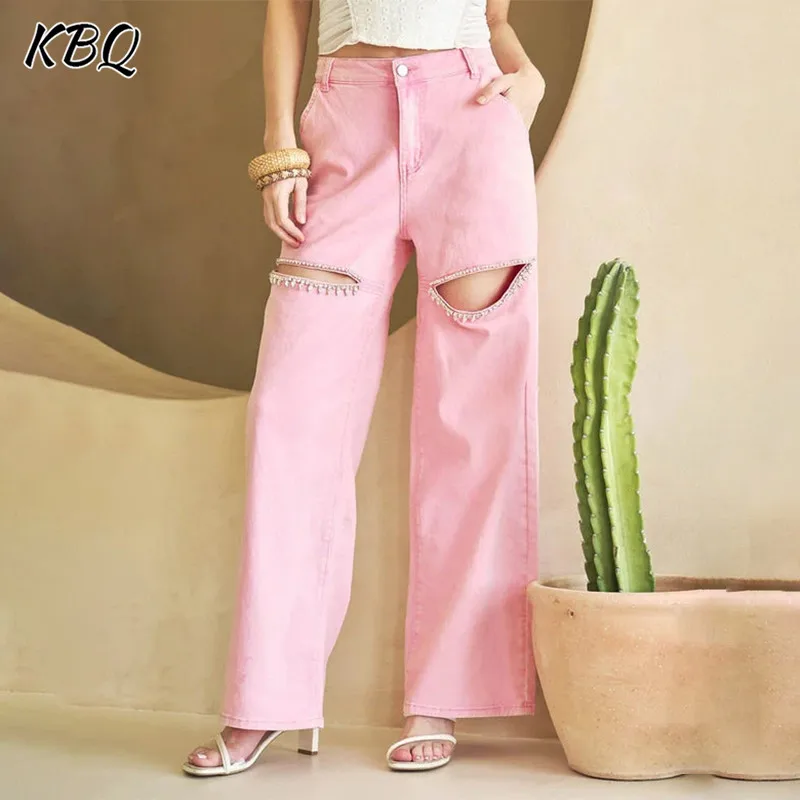 

KBQ Solid Hollow Out Loose Denim Pant For Women High Waist Patchwork Diamonds Streetwear Wide Leg Jeans Female Fashion clothing