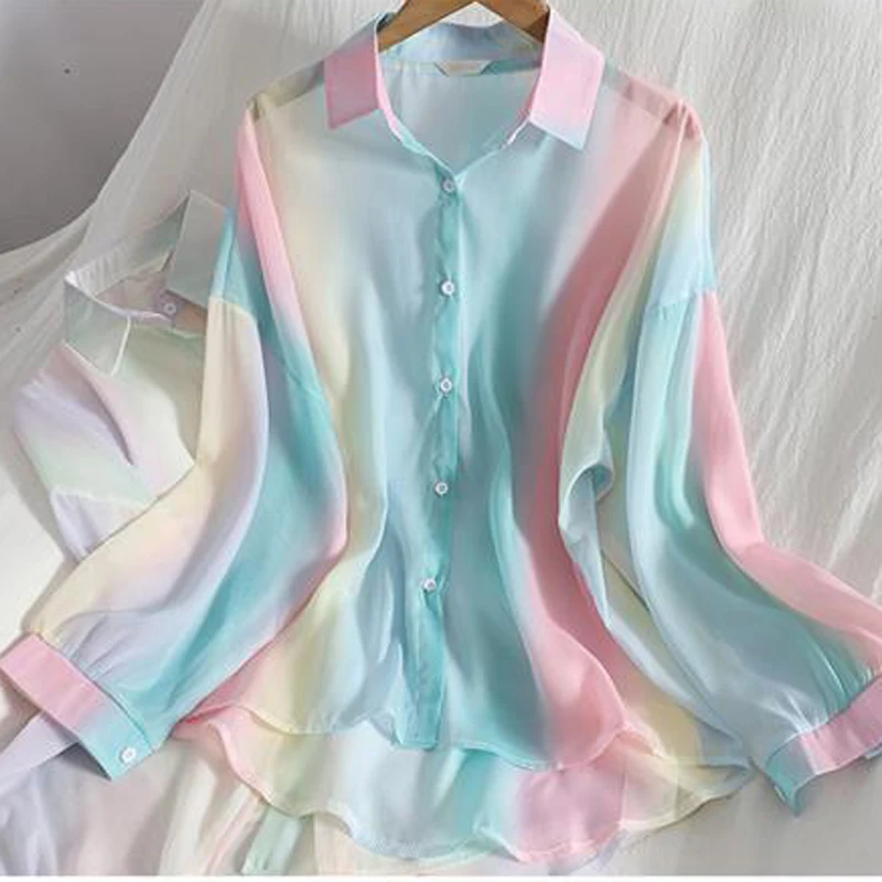 Women Chic Chiffon Rainbow Sun Protection Blouse Summer Loose See Through Thin Shirts Female Casual Long Sleeve Female Tops New