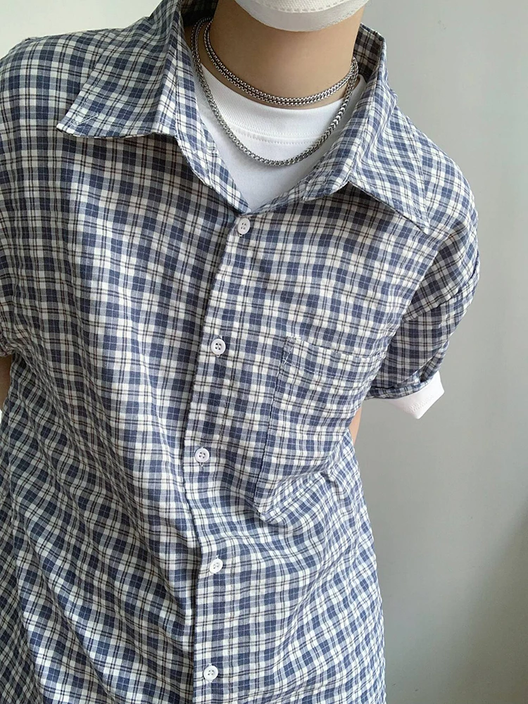 

Синяя рубашка в клетку для мужчин, летняя, свободного кроя, с отложным воротником, для повседневной носки, универсальная, базовая