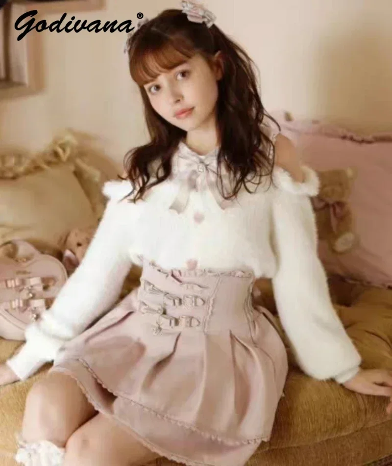 Single-Breasted Cardigan Sweater Japanese-Style Autumn Winter Sweet Woolen Off-Shoulder Lace Long Sleeve Short Knitwear