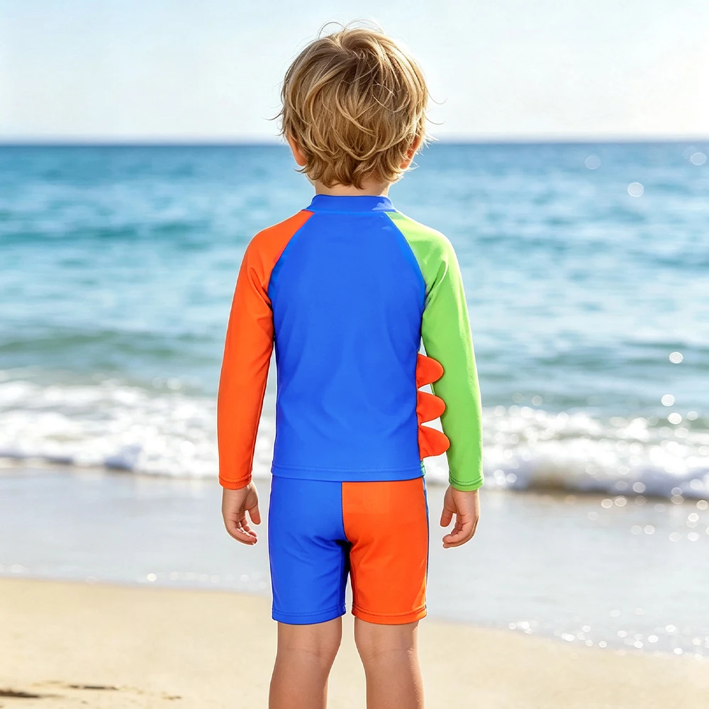 Boys Two Piece Swimwear Set Toddler Kids Dinosaur Printed Bathing Suit Long Sleeve Swimming Shirt with Trunks Surfing Costume