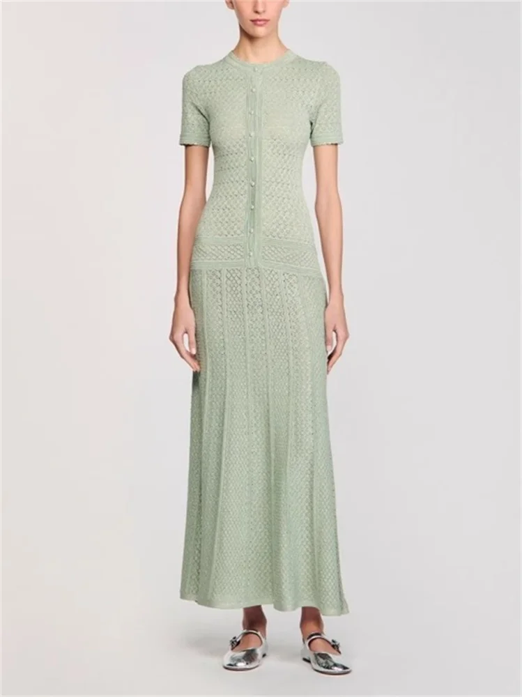 Vestido largo verde de punto francés para mujer, vestido ajustado con cuello redondo y manga corta para mujer, bata elegante con botones