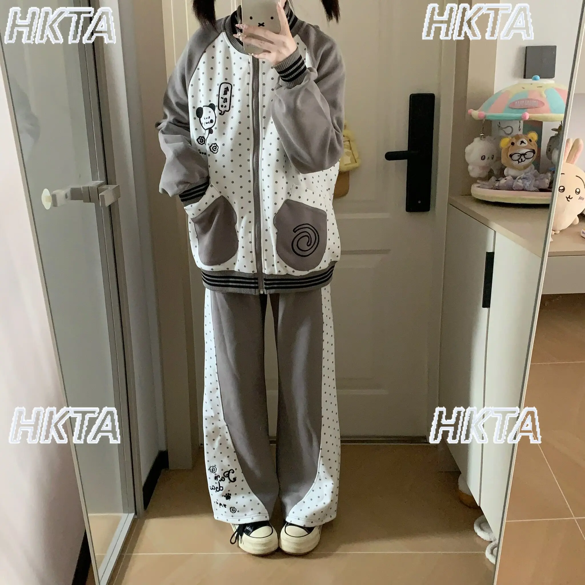Japanese Sweet Cute Cartoon Embroidery Polka Dot Loose Casual Coat Hoodies Kawaii Lolita Contrasting Trousers Pants Suit Women