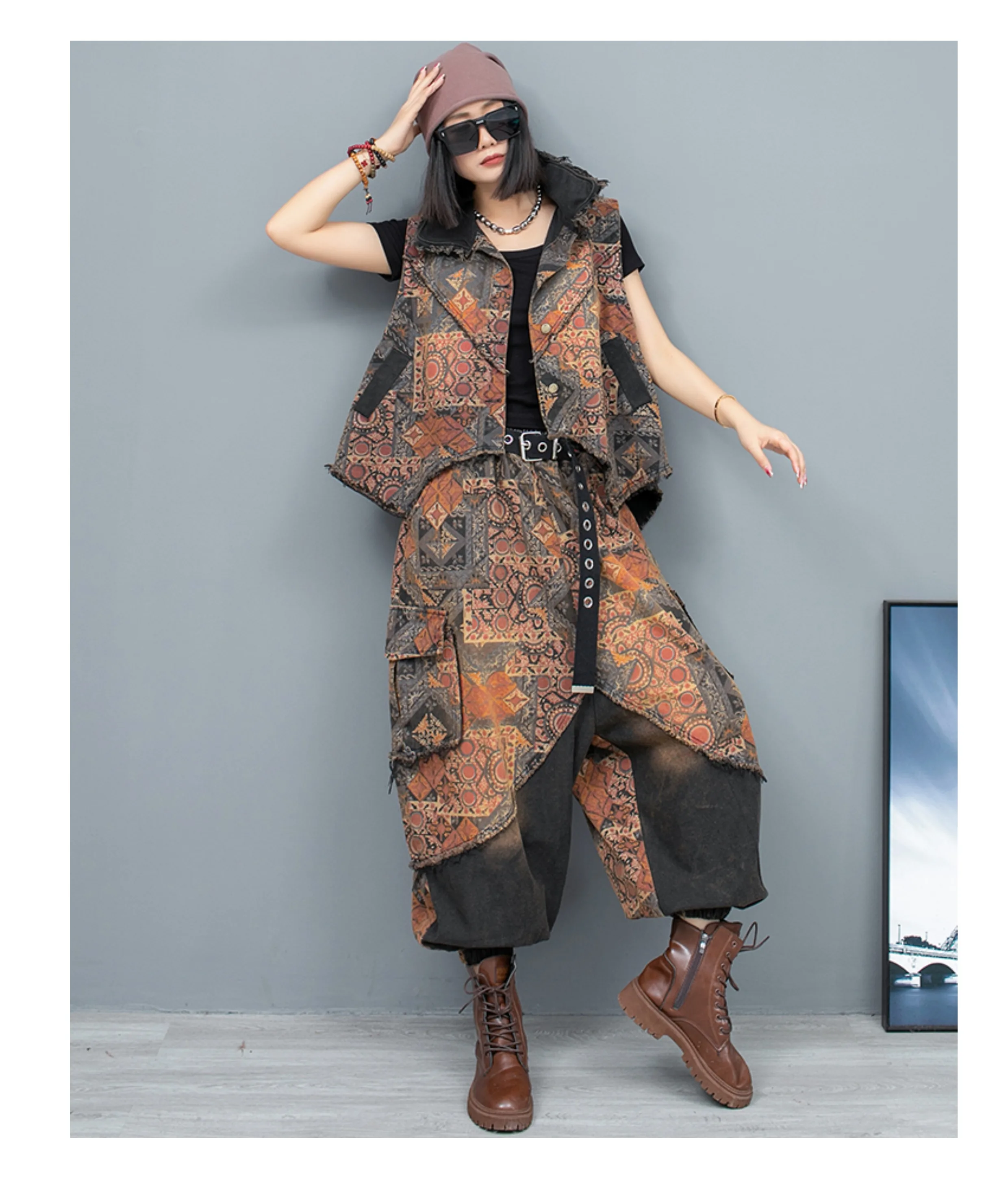 Personalized Fashion Cross-Pants Set Women New Printed Denim Irregular Waistcoat Patchwork Streetwear Two-piece Sets