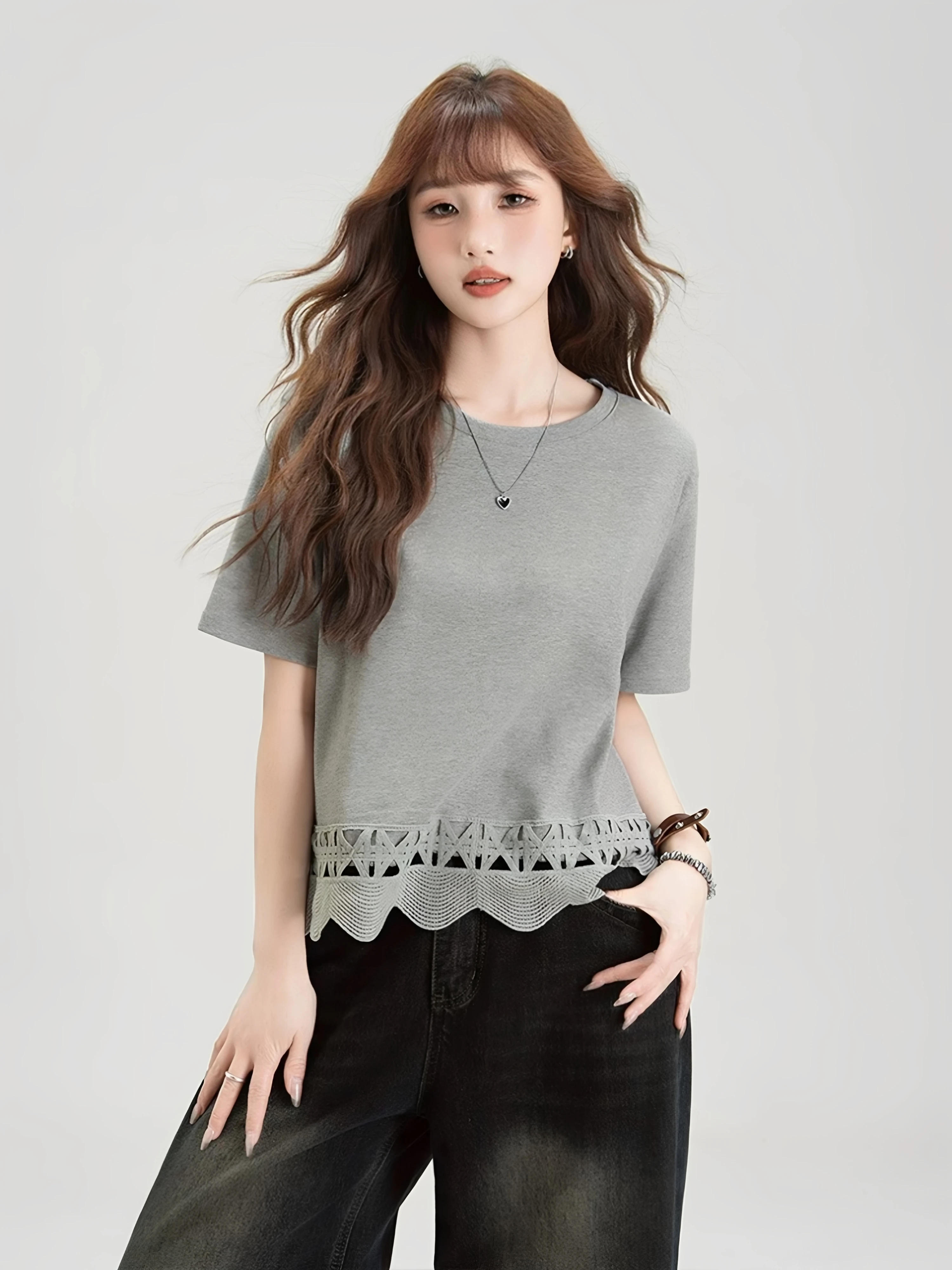 Loose Casual White Lace T-Shirt Women's Summer New Style Large Size Cotton 95% Elastic Fiber 5% Short Sleeve Splice Top