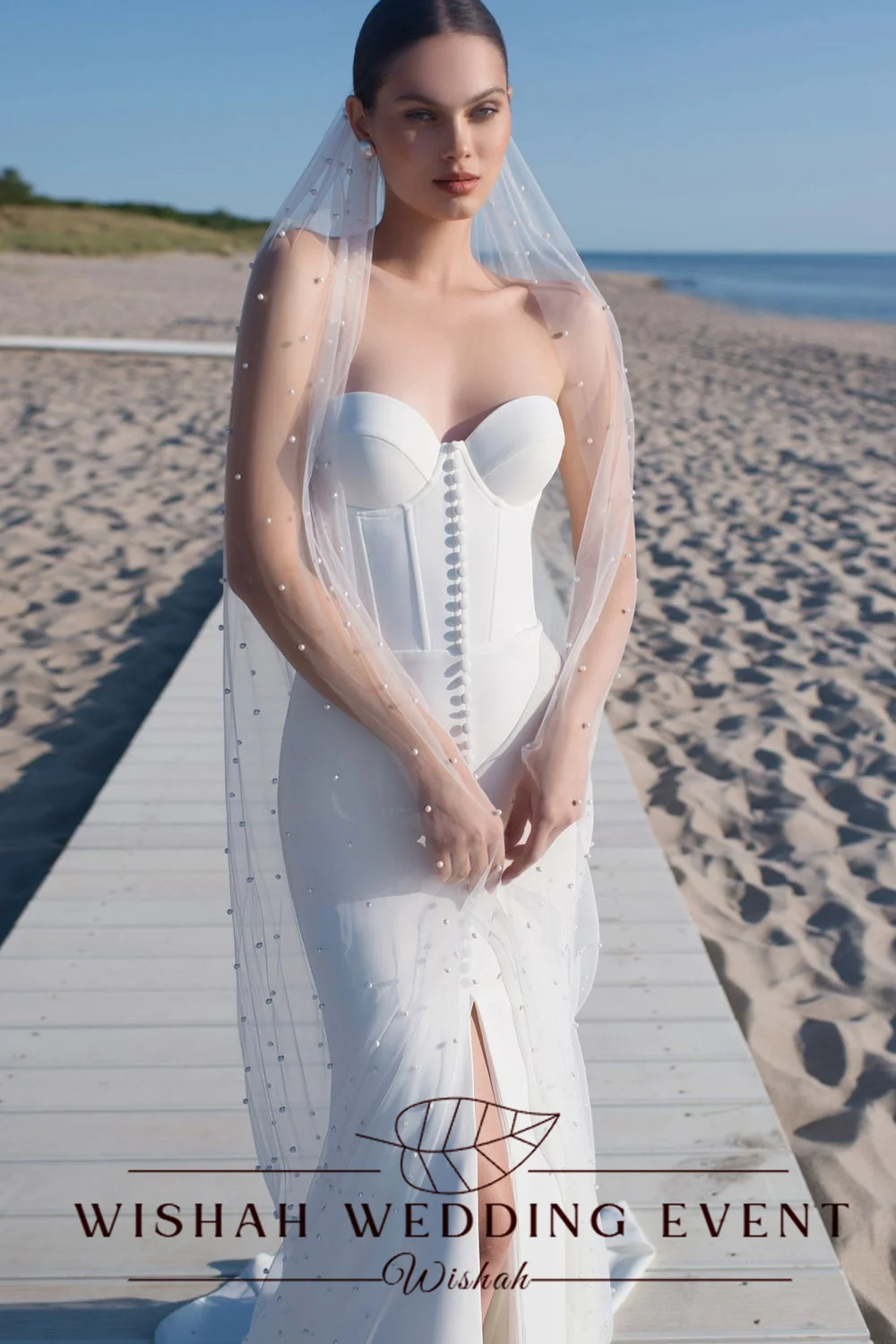 Wishah Customized Weeding Dress Elegant Two Pieces Sweetheart Strapless Tulle Long Sleeve Button Forked Mermaid Long Bridal Gown