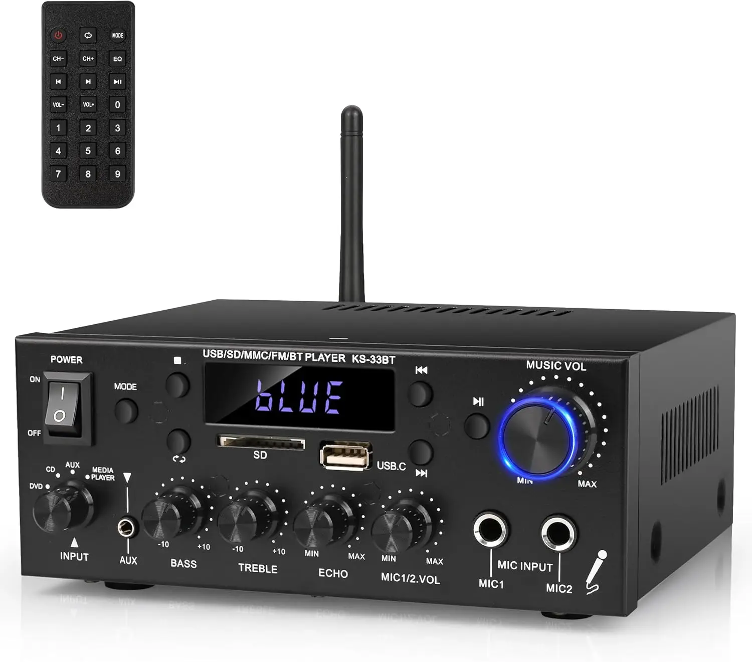 500W Bluetooth 5.0 Stereo Audio Amplifier with FM, AUX, USB, SD for Home Theater and Passive Speakers