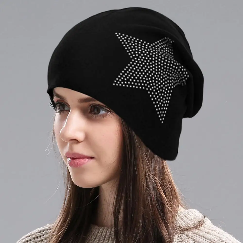 Women Beanie Hat Rhinestone Star Print Skating Camping Hiking Cap Solid Color Fashion Street Hip Hop Hats Women's Pullover Hats