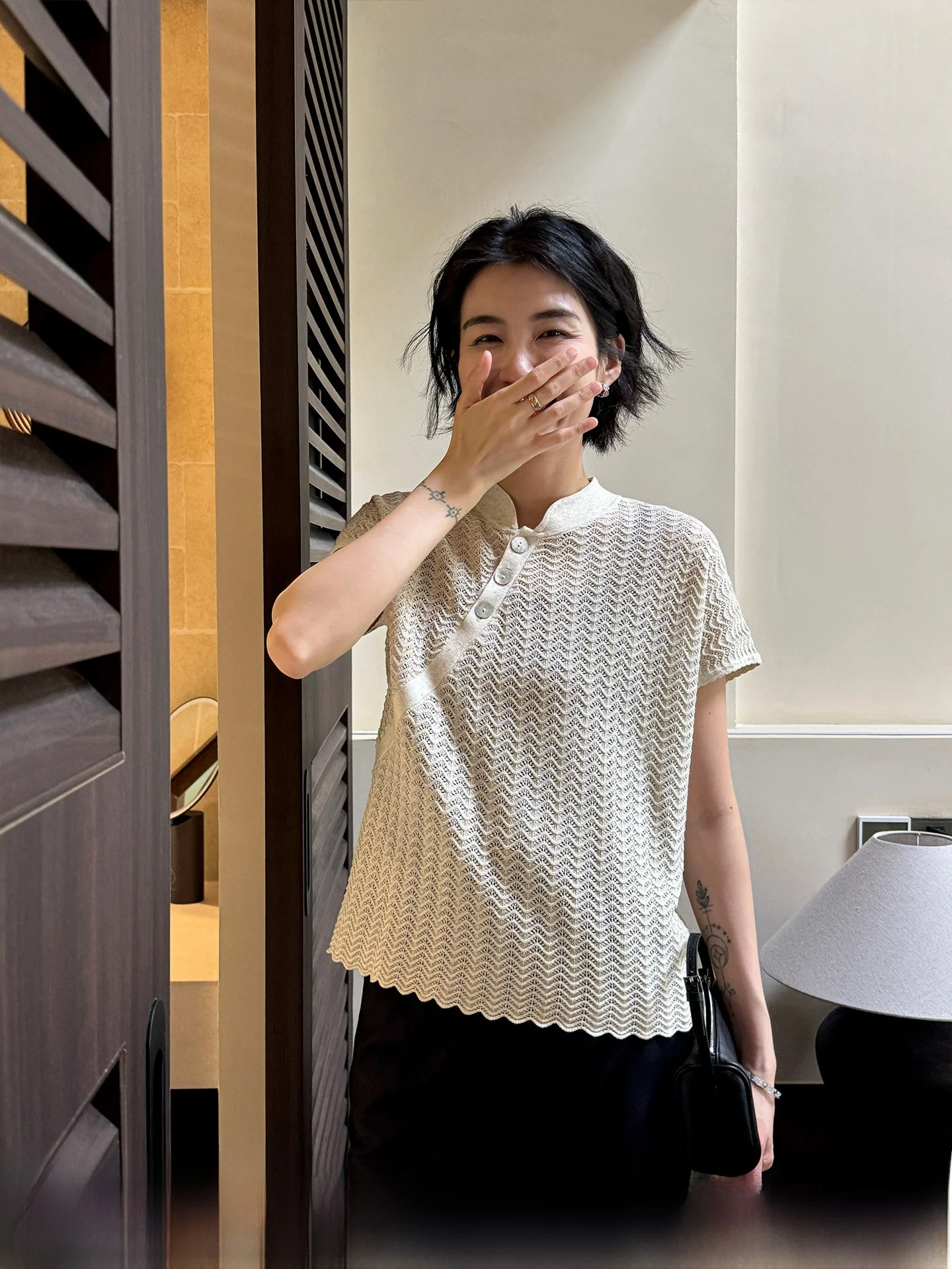 

New Chinese Style Linen Silk Knitted Top Women Summer Hollow out Short Sleeve Casual Shirt Commute Style Loose Fit