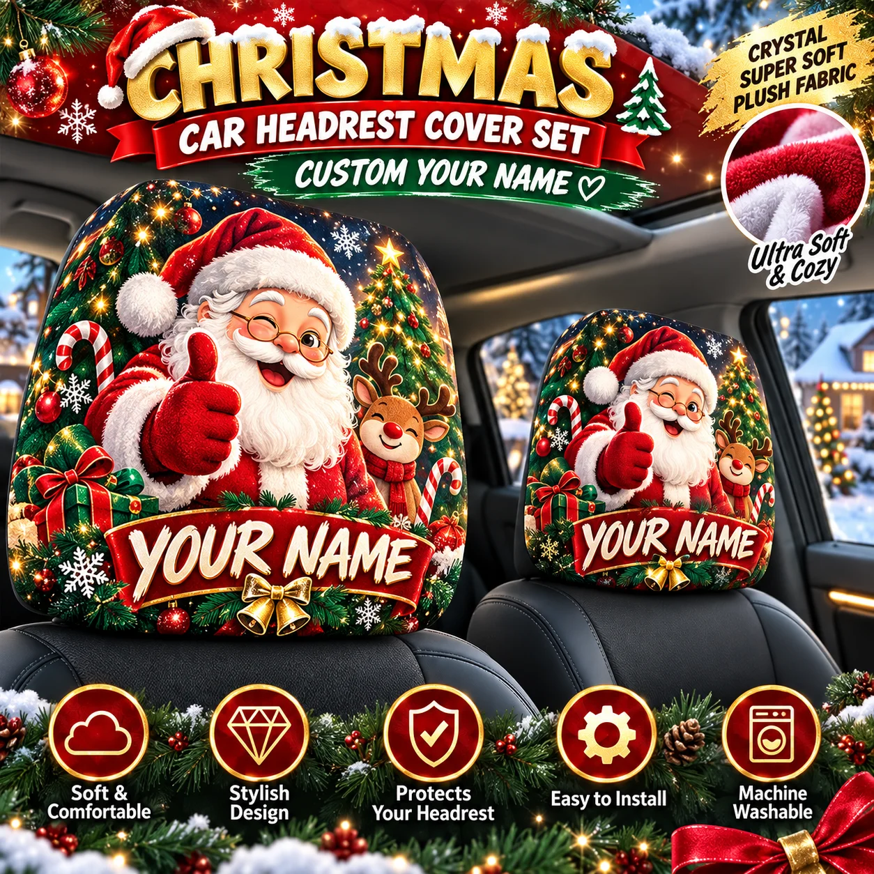 Custom Christmas Car Headrest Covers 2PCS Personalized Name Santa Reindeer Print Soft Crystal Plush Auto Seat Holiday Decor
