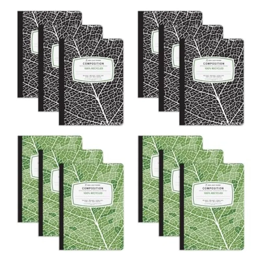 

New Leaf Paper Composition Books, 12 Pack, Sustainability Designed, 9.75"x 7.5", 80 Sheets, 100% Recycled College Ruled Pages,