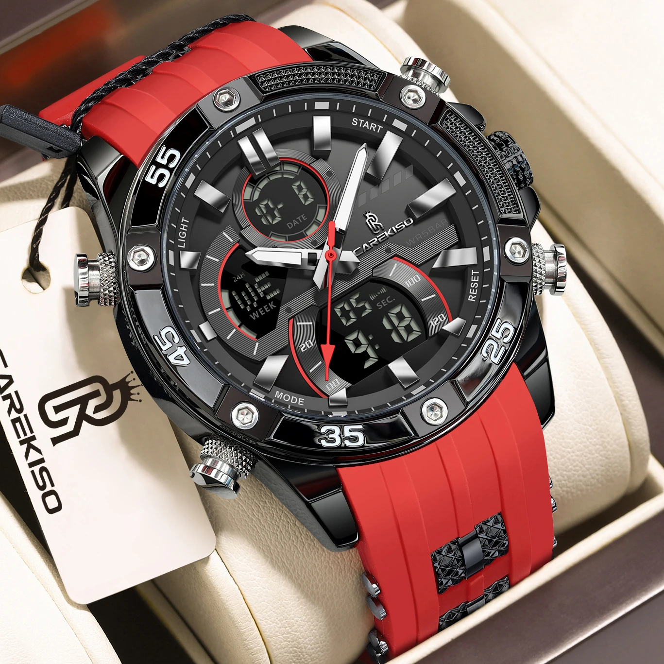 CAREKISO Luxury Electronic Men Watch LED Luminous Sport Quartz Man Wristwatch Dual Time Week Date Big Dial Digital Men's Watches