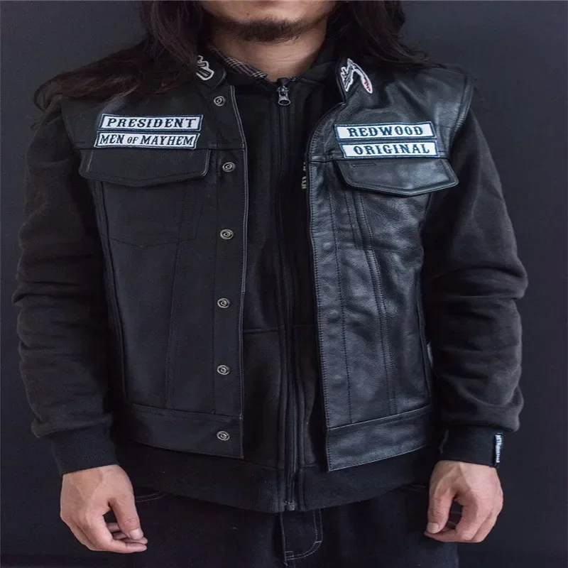 Sons Of Anarchy Embroidery Leather Rock Punk Vest Cosplay Costume Black Color Motorcycle Sleeveless Jacket