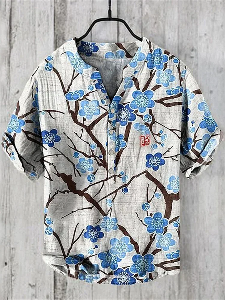 Light luxury summer men's clothing Amazon loose short sleeved 3D printed cherry blossom series V-neck thin shirt with 3 buttons