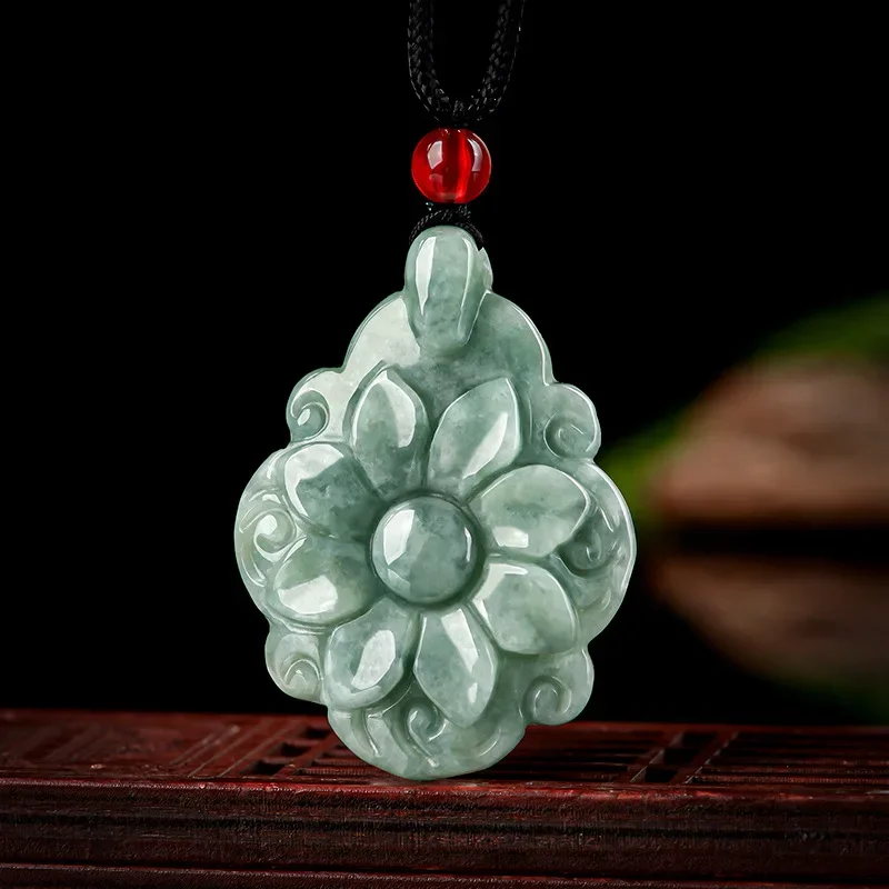 Natural A Cargo Emerald Bean Green Longevity Flower Pendant Jade Pendant Men's and Women's Money Chain Jade Pendant