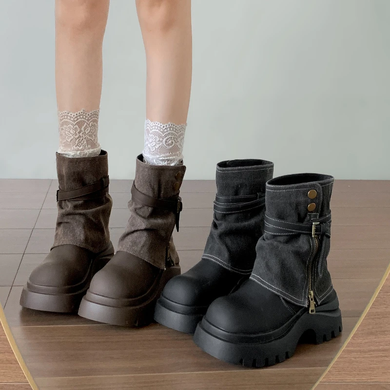 

Winter Punk Style Women Pipe Ankle Boots Fashion Belt Buckle Shoes Ladies Concise Platform Heel Short Booties Zapatos De Mujer