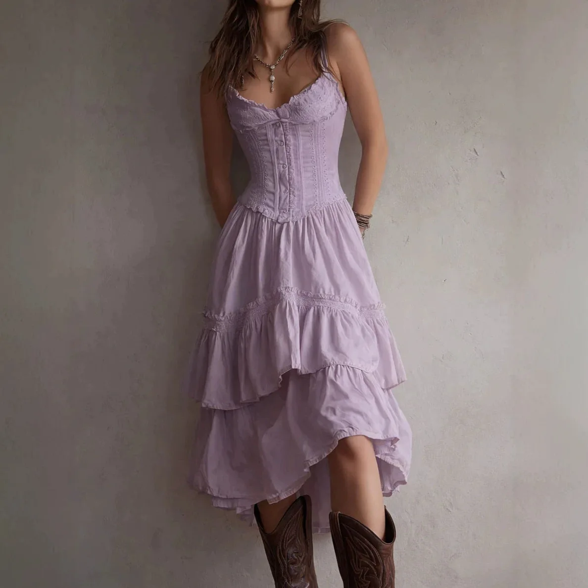Damen Boho Spaghettiträger-Korsettkleid mit Spitzenbesatz, gestuftem Rüschensaum und unregelmäßigem Schnitt, Midi-Kleid, Vintage, lässig, Party, Sommerkleid – Detail 5