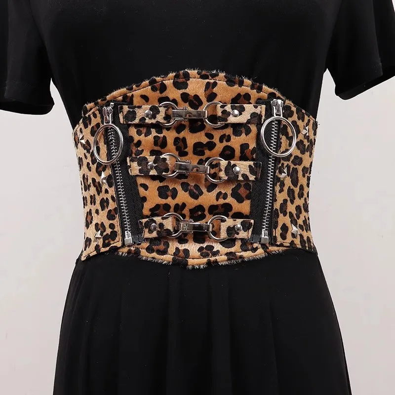 Women's Fashion Leopard Elastic Zipper Cummerbunds Female Dress Corsets Waistband Belts Decoration Wide Belt R1513