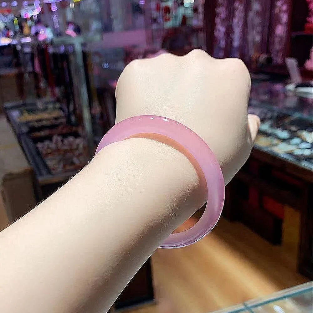 Accessories Natural Pink Chalcedony Agate Jade Stone Bangle Round Narrow Peach Color Jewelry Quality Bracelet Lucky Gift