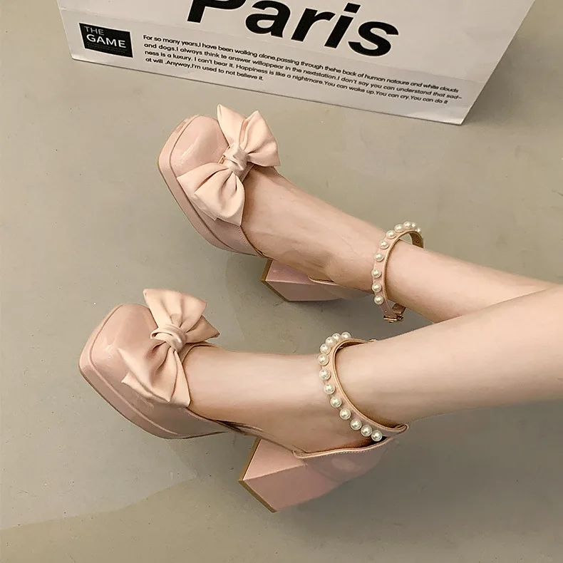 

Черные французские женские босоножки на высоком каблуке на толстом каблуке, новинка 2025, летние маленькие сандалии с квадратной головкой и бантом, женская обувь