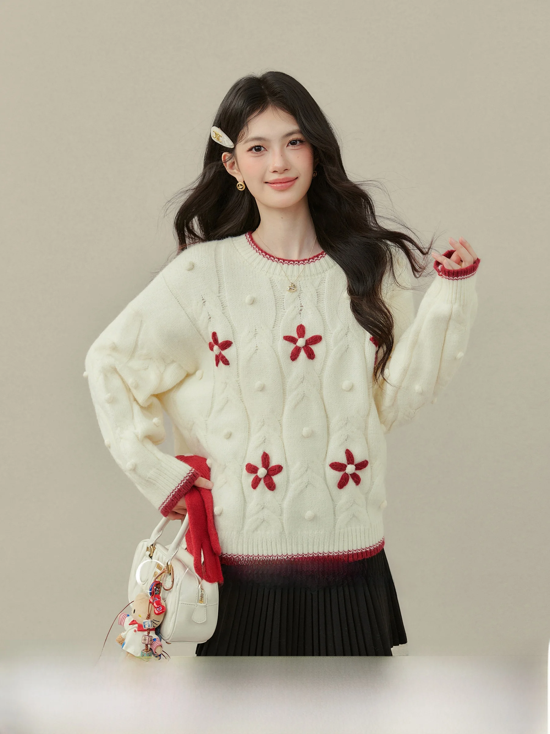 

Cherry Blossom Thi Knit Sweater Women's Winter Casual Floral Print Overweight Friendly Crew Ne Long Sve Top