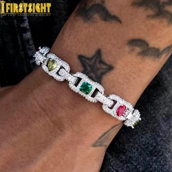 2025 New Iced Out Square Tear Drop Cuban Link Chain Bracelet 11mm Prong Setting Rainbow Cubic Zirconia Charm Men Hip Hop Jewelry