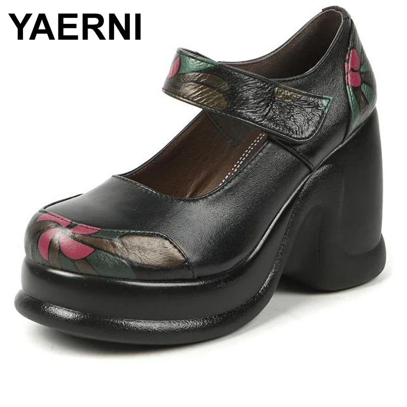 YAERNI  Genuine leather shoes platform shoes high heel pumps print color wedges shoes for woman  E458