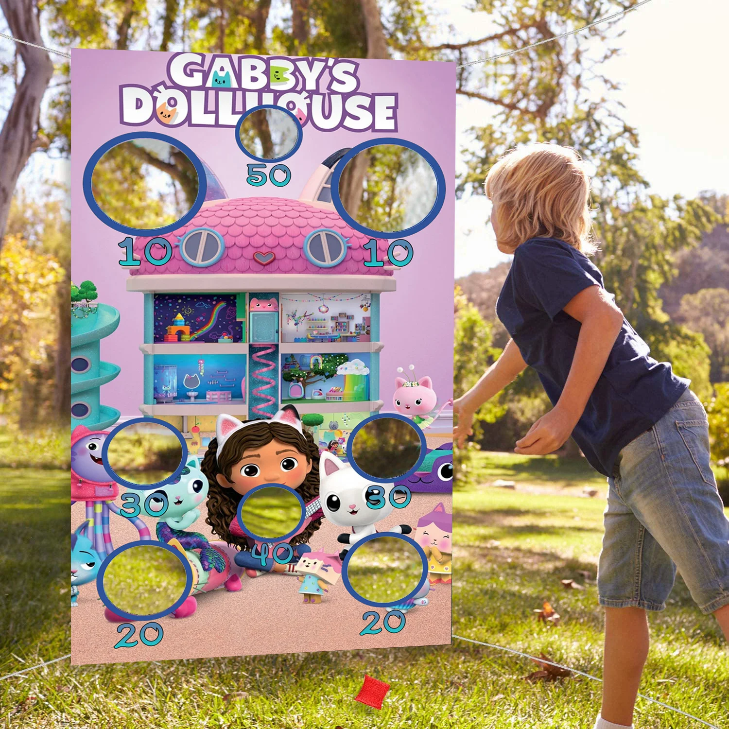 Gabby Dollhouse Toss Games Banner with Bean Bags Birthday Party Games Boys Girls Backdrop Photo Background for Outdoor Yard Game