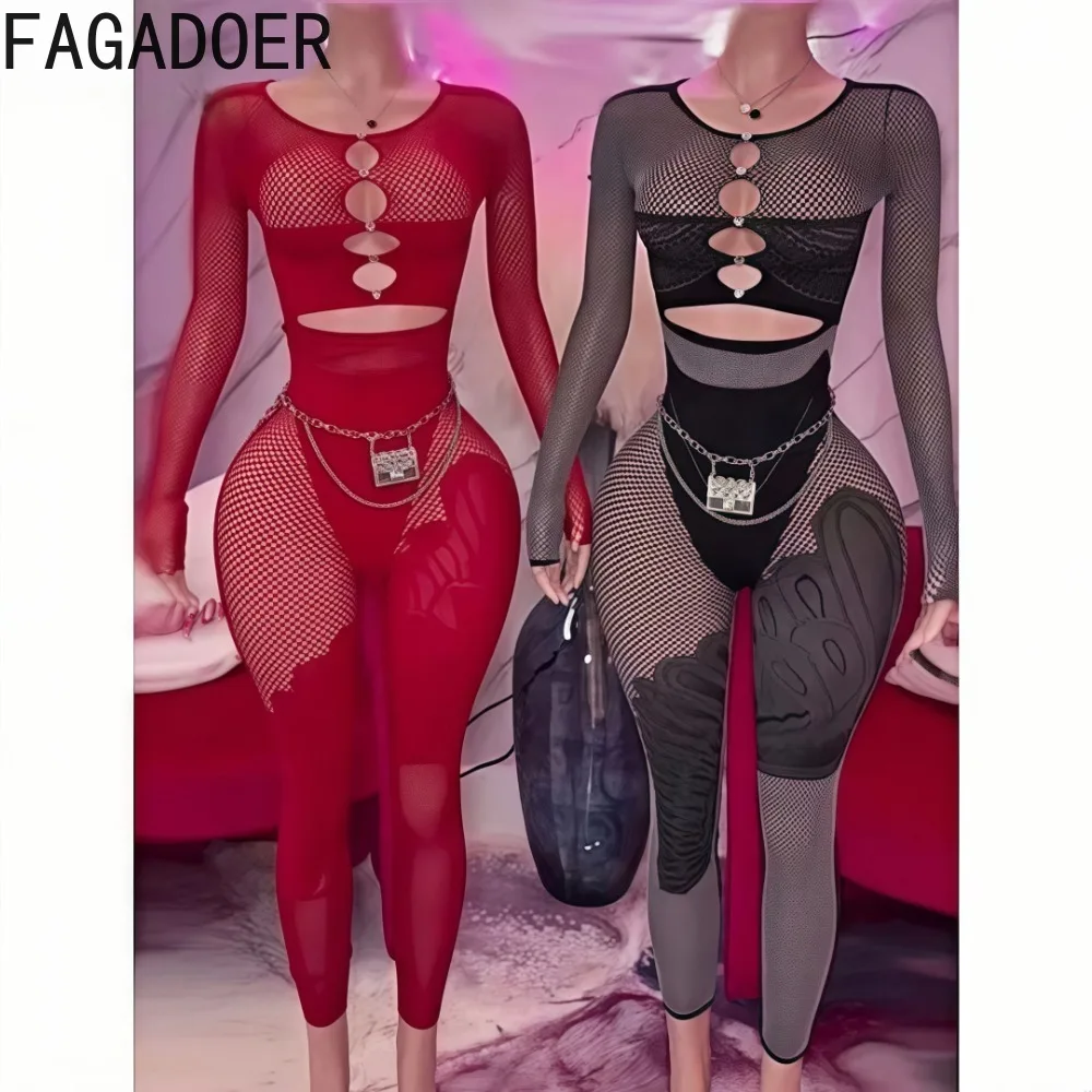 

FAGADOER Sexy Lace Hollow Out Bodycon One Piece Jumpsuits Women Stretchy Long Sleeve Slim Playsuits Fashion Sheer Overalls 2025