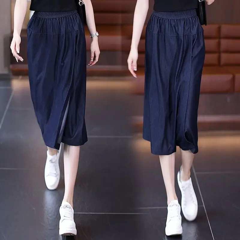 Tensi Denim Wide Leg Culottes Women's Summer Thin 2024 New High-waisted Loose Women's Summer Casual Cropped Pants fashion trend