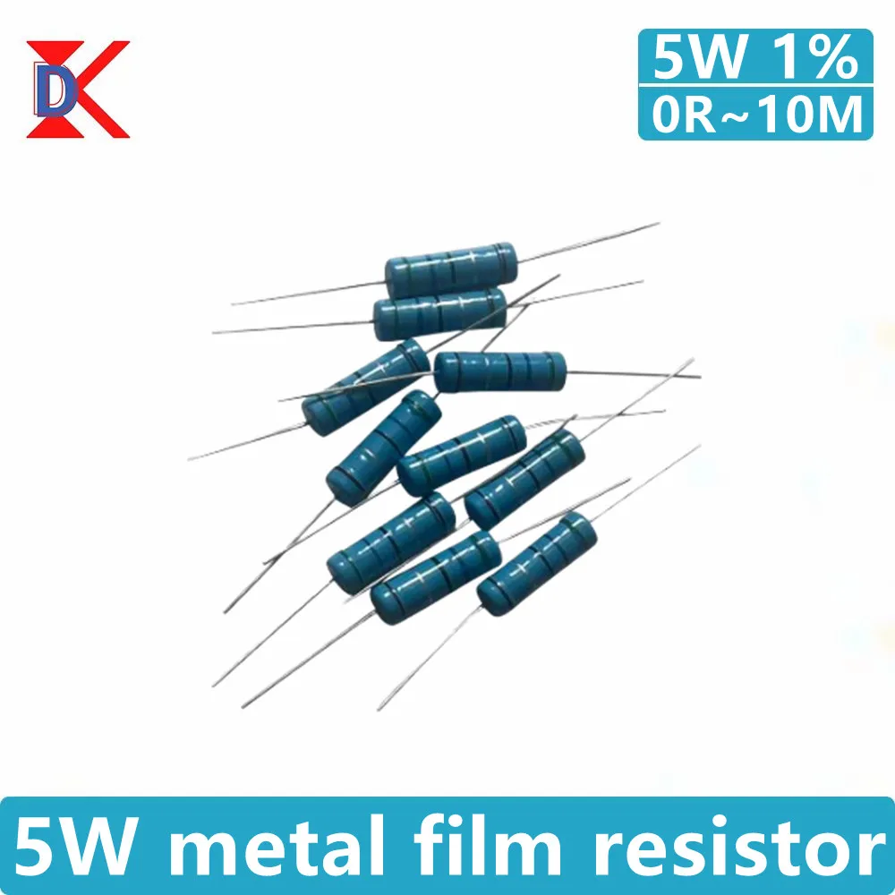 50Pcs 5W Metal Film Resistors 1R 2R 36R 470K 51R 820R 75K 1.5K 3K 100K 1R~2.2M Five Color Ring Precision 1% Electronic Resistor