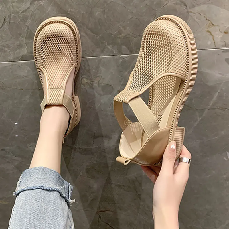 Sandals Straps Shoes Closed Toe 2024 Summer Breathable Women\'s Heels Suit Female Beige  Girls Laces Black Comfort Flat Low Fashi