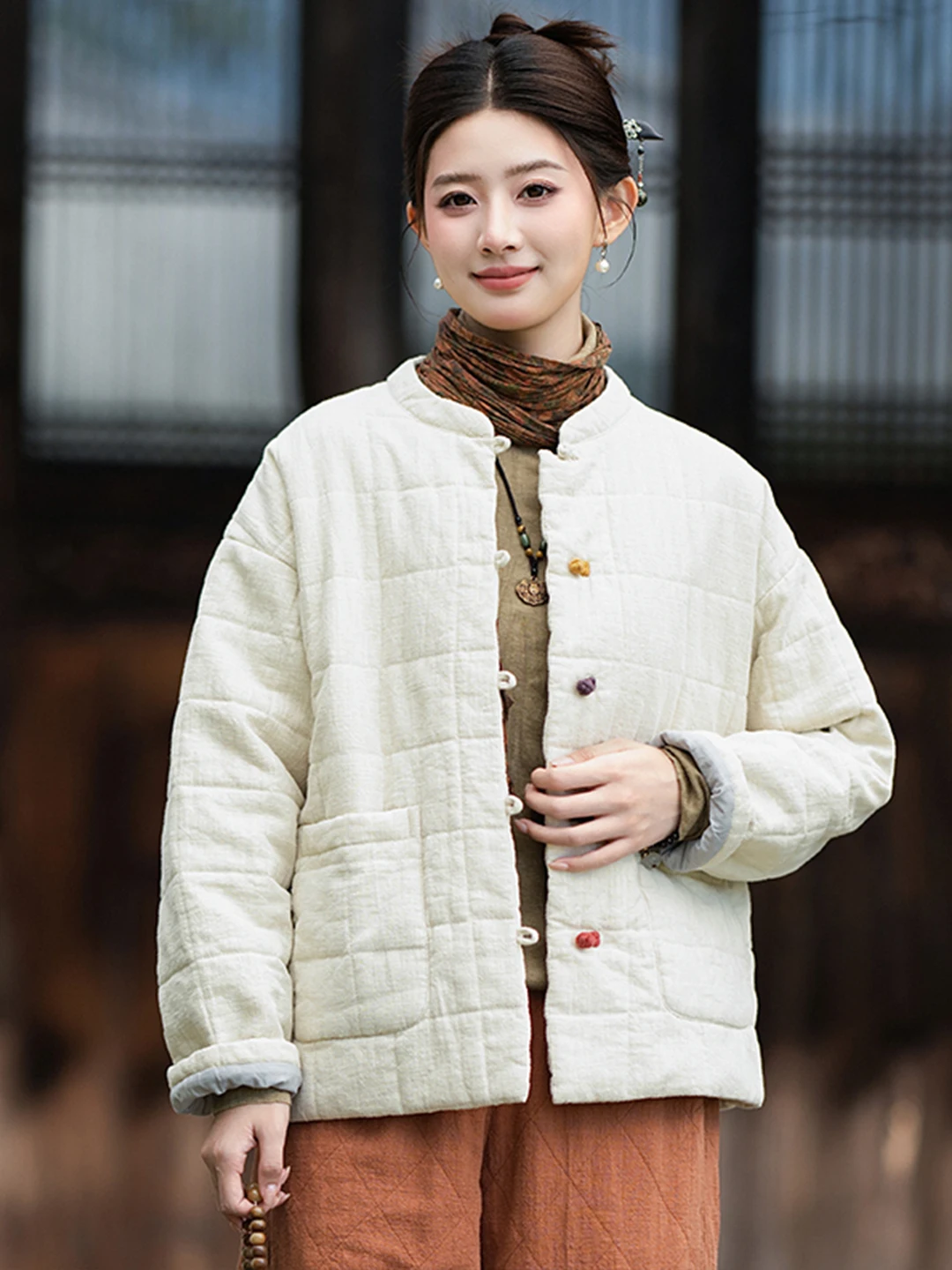 Retro Cotton Jacket Women's Short Quilted Stand Collar Button up Grid Pattern All Match Winter Outerwear Warm Flannel Coat