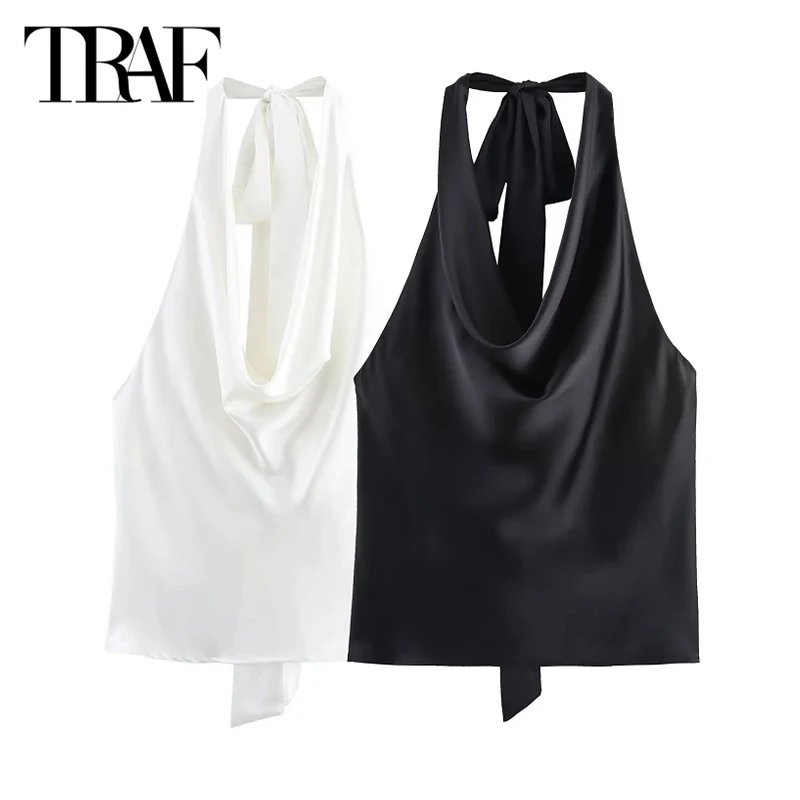 

TRAF сексуальные топы с лямкой на шее Y2k 2025, женские весенне-летние топы на бретелях со шнуровкой и бантом, модные повседневные белые, черные майки и майки, элегантные топы